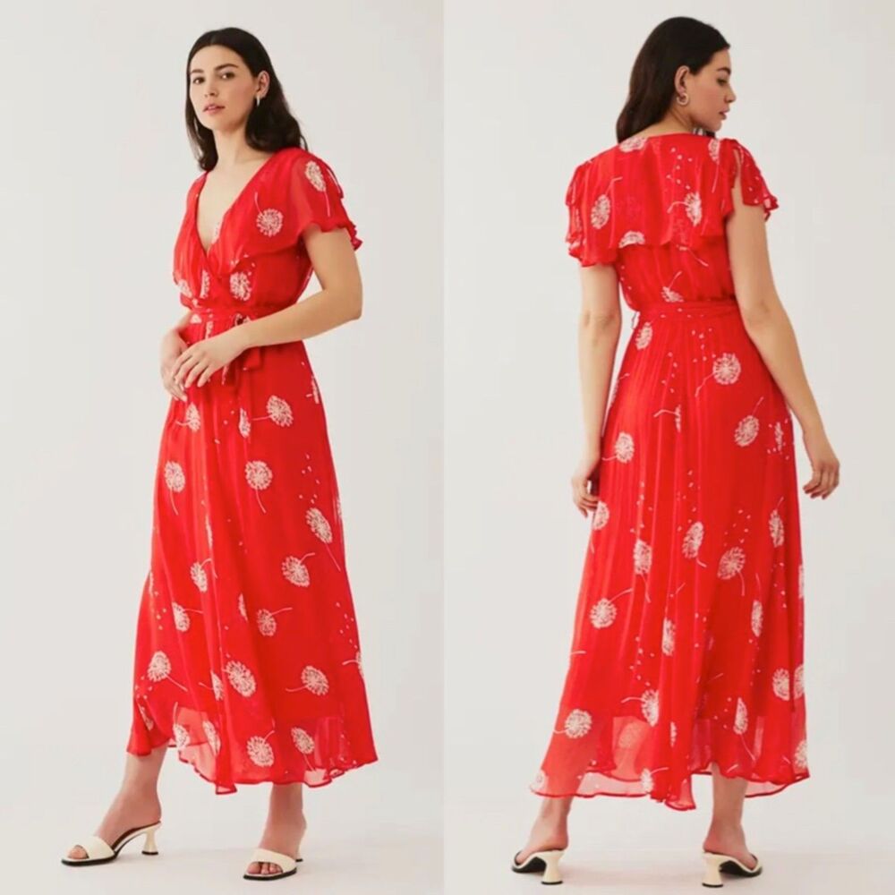 Ghost London Maxi Dress Red Dandelion Print Lulie Medium Romantic Ruffle Summer
